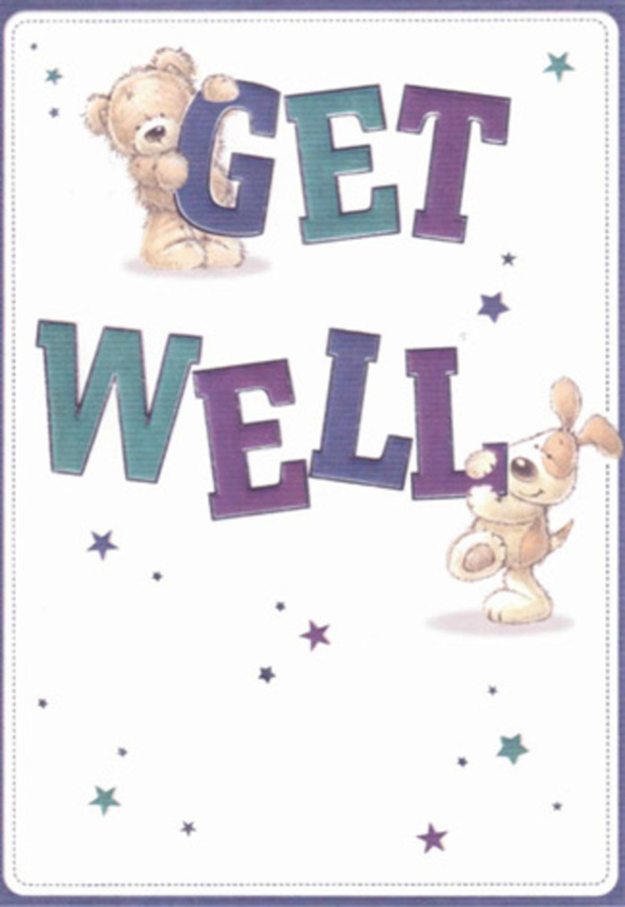 This illustrated get well card is a charming study in gentle support and heartfelt optimism, perfect for lifting spirits in Watford and beyond. The design centres on two endearing companions-a soft, snuggly bear and a playful puppy with delightfully floppy ears-working together to present a bold, confident 'Get Well' message. Large, hand-lettered typography in jewel-toned purples and aquas forms the cheerful anchor of the design, each letter playfully supported by the animal friends. Around them, a scattering of starbursts and twinkling accents in hues of blue and violet conjure a feeling of hope and wonder, much like the joyful sight of wildflowers blooming in Watford's Cheslyn Gardens. The animal's fur is depicted with such inviting, tactile realism-the bear's plushy surface and the puppy's velvety ears-it's as if you could reach out and feel their comforting embrace. The white background allows every detail to shine, reminiscent of the simplicity and clarity found in a thoughtfully arranged bouquet. It's easy to imagine this card accompanying a vase of seasonal blooms from a local Watford florist, each element carefully chosen to reassure and delight a loved one in recovery. The scene radiates emotional warmth and joy-a multi-sensory invitation to healing, connection, and renewed hope for brighter days ahead.