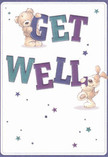 Bright and brimming with encouragement, this get well card features two charming companions-a teddy bear and a fluffy-eared pup-each gently holding up vibrant letters that cheerfully spell 'Get Well.' The indigo and teal hues pop against a creamy white background, filling the scene with a serene optimism similar to the feeling of stepping into a Watford florist shop filled with fresh, fragrant arrangements. Both characters are expressively drawn with plush, inviting textures that nearly leap from the card, their friendly gestures suggesting reassuring hugs and playful camaraderie. Stars in varying shades of purple and blue sparkle across the composition, casting glimmers of possibility and hope-capturing the spirited essence of Watford community life, from lively Cassiobury Park gatherings to quiet High Street strolls. The flowing script is bold and confident, yet carries a handcrafted warmth-a reminder of the personal care behind every bouquet delivered throughout the area. The result is more than a card: it's a healing presence, wrapping the recipient in heartfelt kindness, comfort, and the genuine delight found in small gestures. Whether paired with a bespoke seasonal bouquet from Flowers Watford or shared on its own, this card radiates well-wishing with every thoughtful detail.